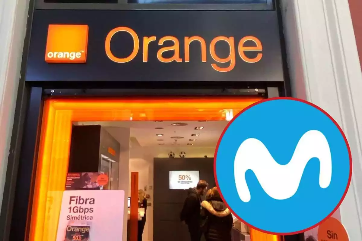 Fotomontaje del exterior de una tienda de Orange y una redonda roja con el logo de Movistar