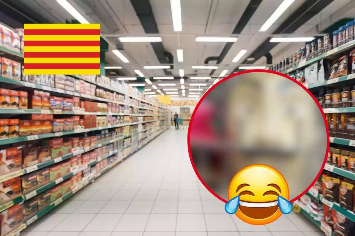 Fotomontaje con un fondo de un supermercado, una foto difuminada de X, una bandera catalana y un emoticono sonriente