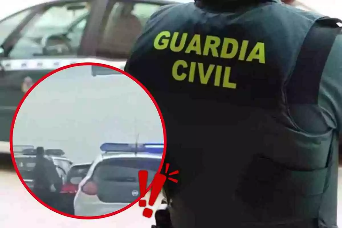 Un agente de la Guardia Civil de espaldas con un chaleco que tiene el texto "Guardia Civil" y un recuadro que muestra una escena de tráfico con coches de policía.