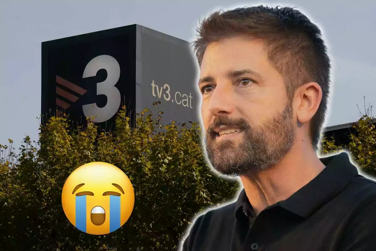 Hombre con barba frente a un edificio con el logo de TV3 y un emoji llorando.