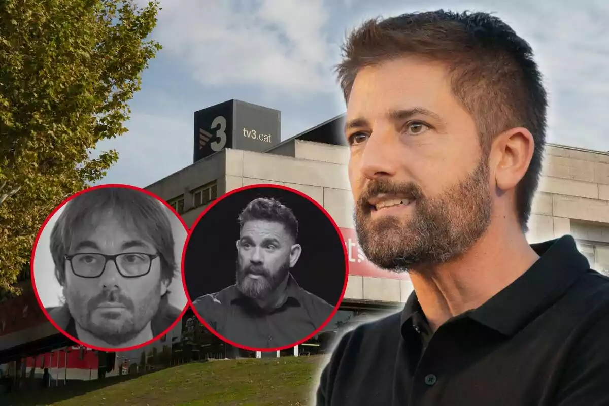 Un hombre con barba frente al edificio de TV3 con dos imágenes en círculos de otras personas.