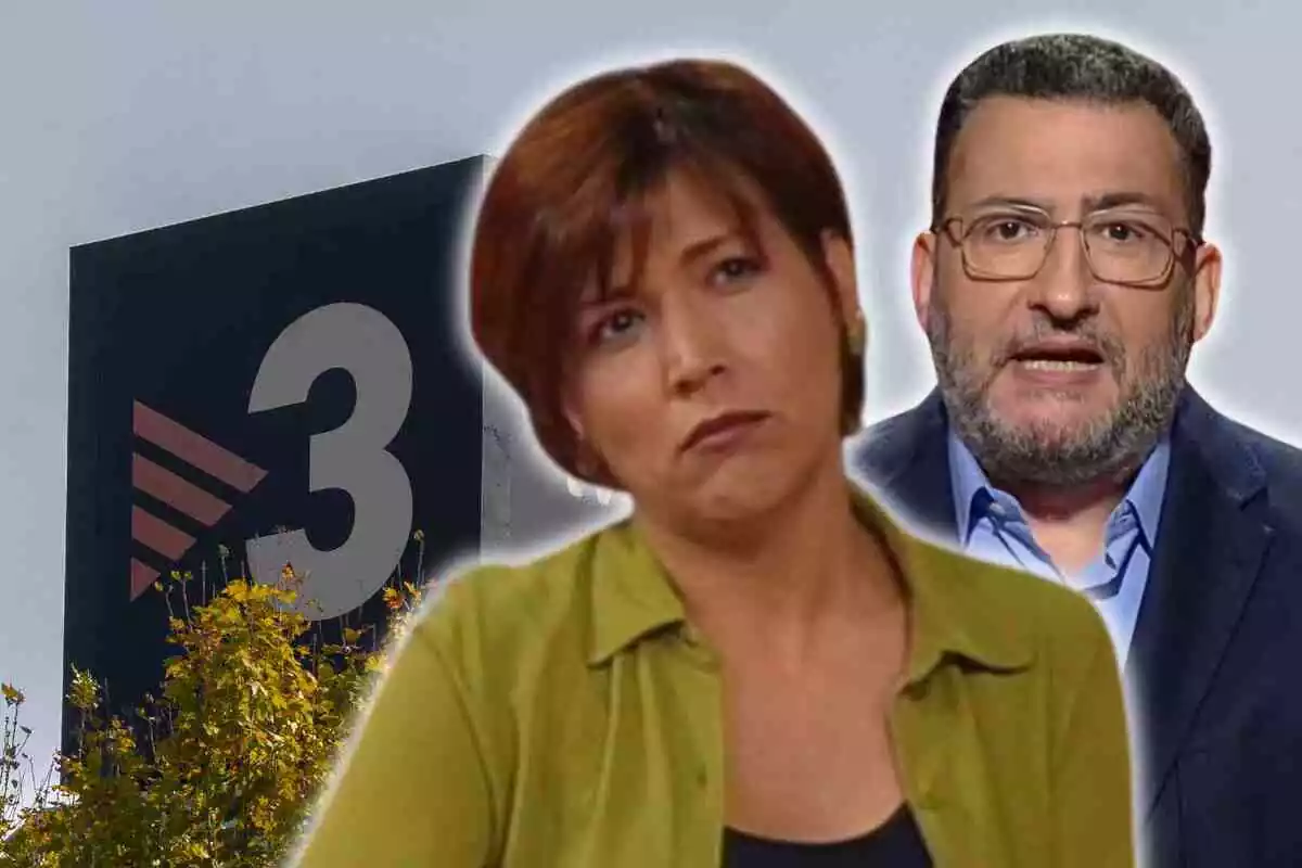 Fotomontaje con una imagen de fondo de TV3 y al frente Toni Soler y Rosa Andreu de joven