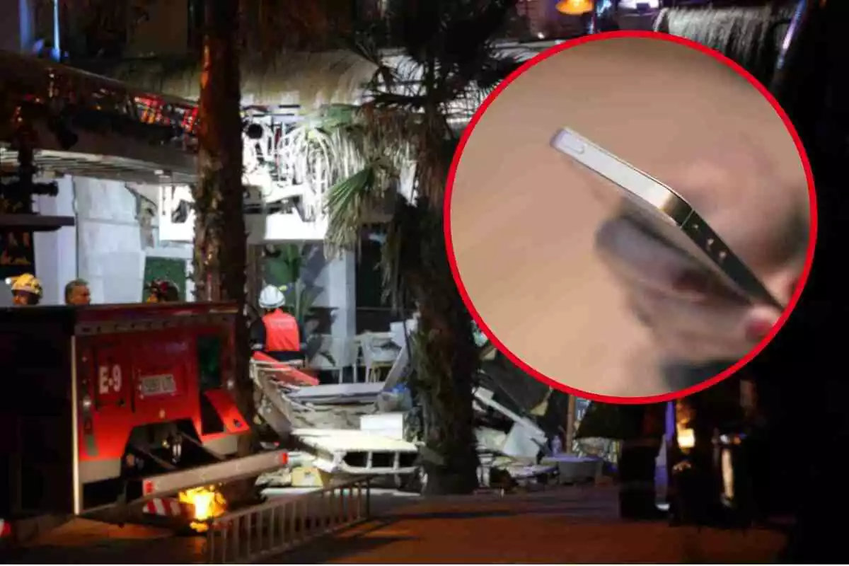 Fotomontaje con una imagen del derrumbe del restaurante en Palma y una redonda roja con un teléfono móvil