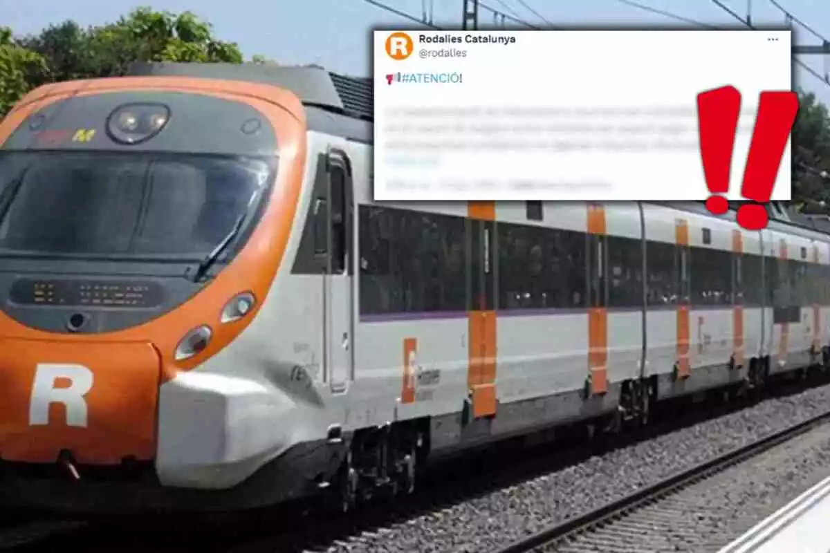 Fotomontaje con un tren de Rodalies de fondo y al frente un tweet con exclamaciones