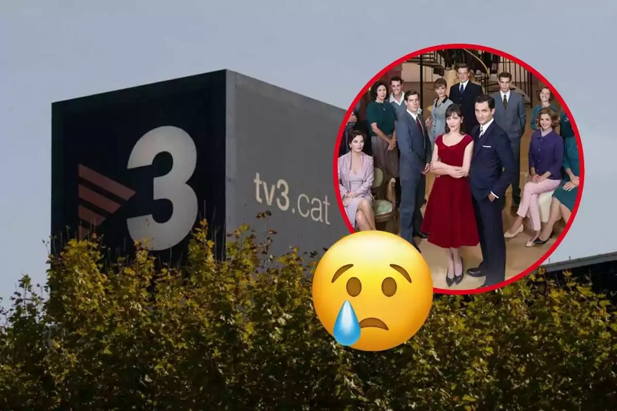 Edificio de TV3 con un círculo que muestra a un grupo de personas y un emoji triste con una lágrima.