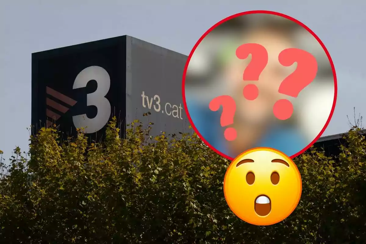 Edificio de TV3 con un círculo borroso y un emoji sorprendido
