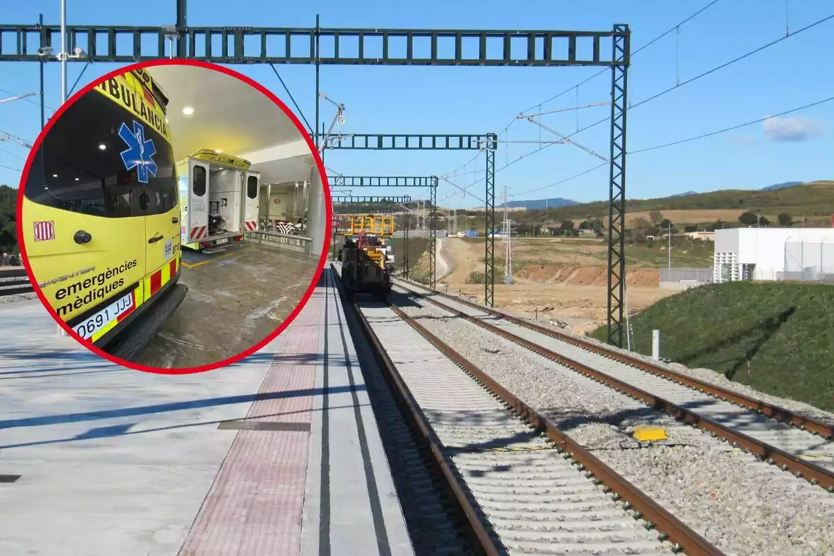 Fotomontaje vías del tren con una imagen de una ambulancia