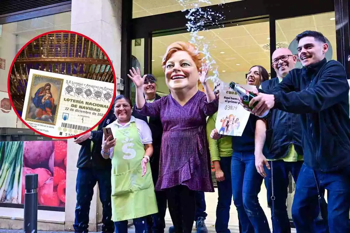 Fotomontaje de un grupo de personas celebrando La Grossa de Cap d'Any, con un billete de la Lotería de Navidad