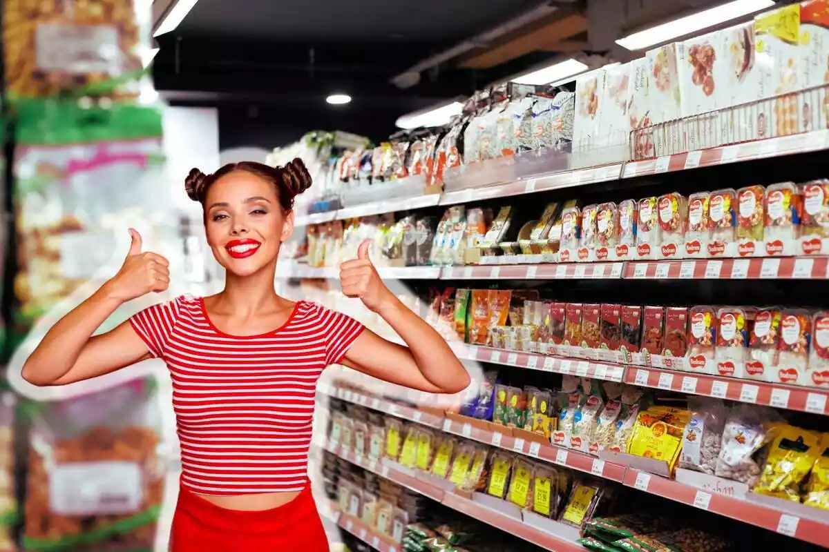 Fotomontaje de una mujer contenta con en el interior de un supermercado de fondo