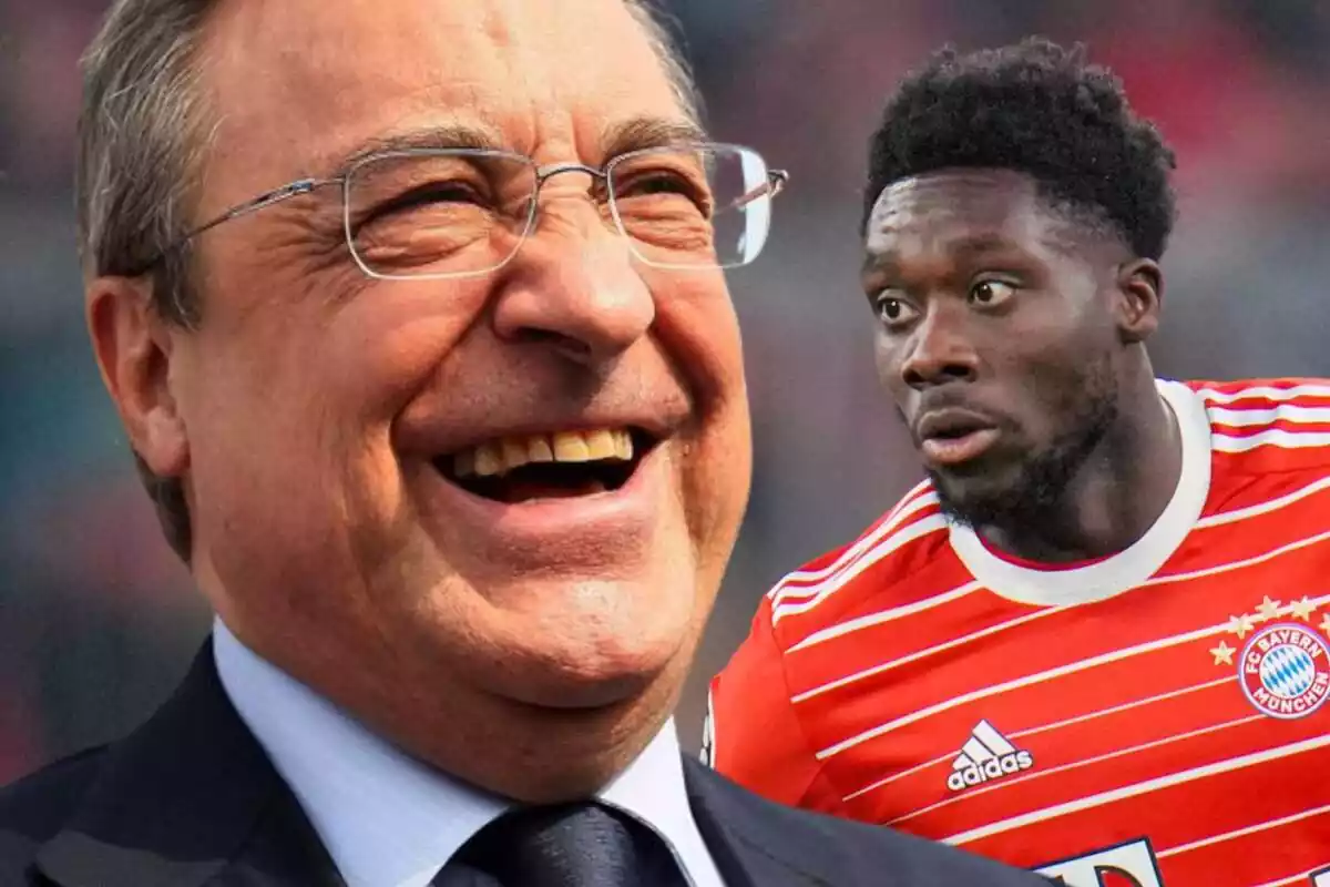 Florentino Pérez con una gran sonrisa al lado de Alphonso Davies