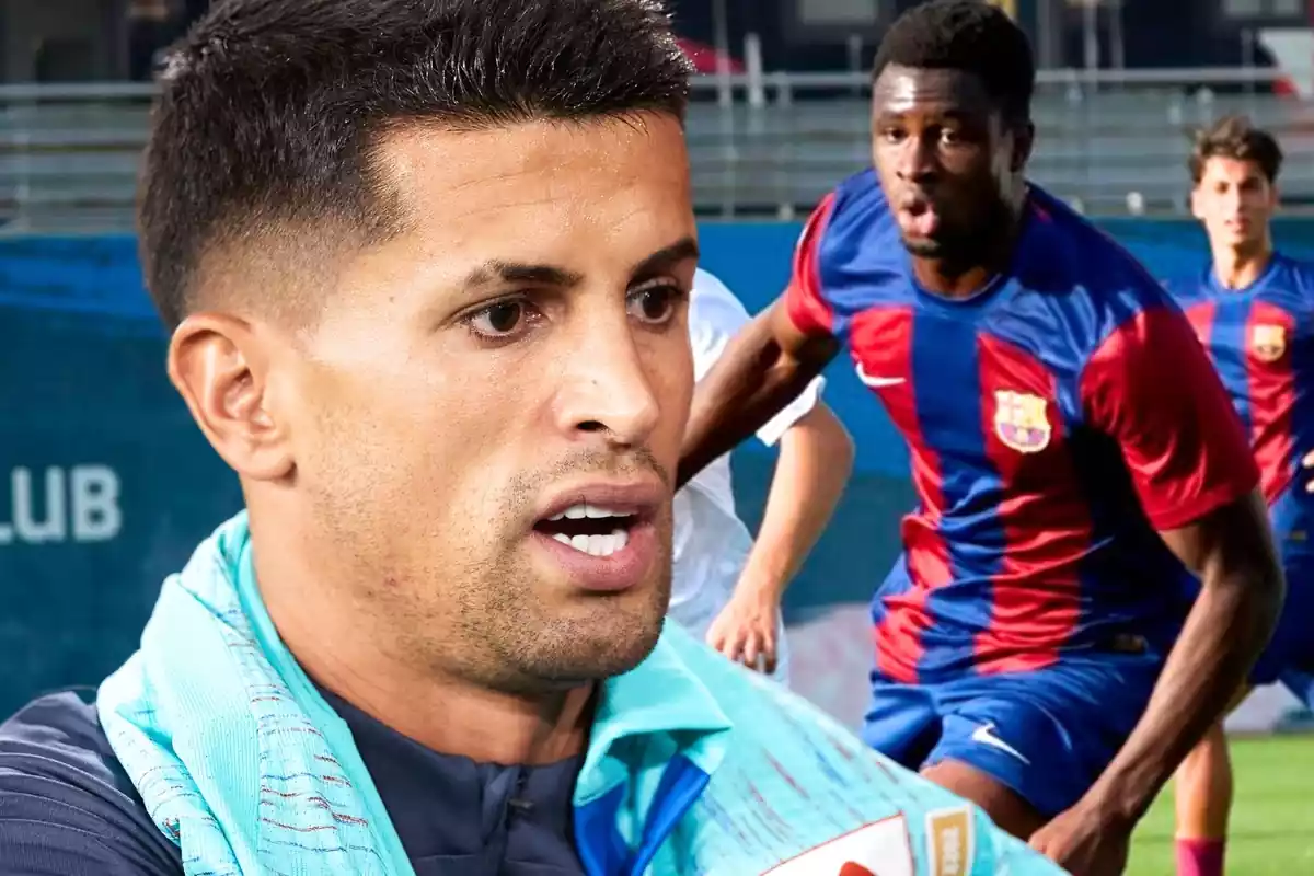 El lateral zurdo portugués Joao Cancelo junto a una foto en la que aparece el canterano Landry Farré, formado en la Masia del FC Barcelona de Joan Laporta.