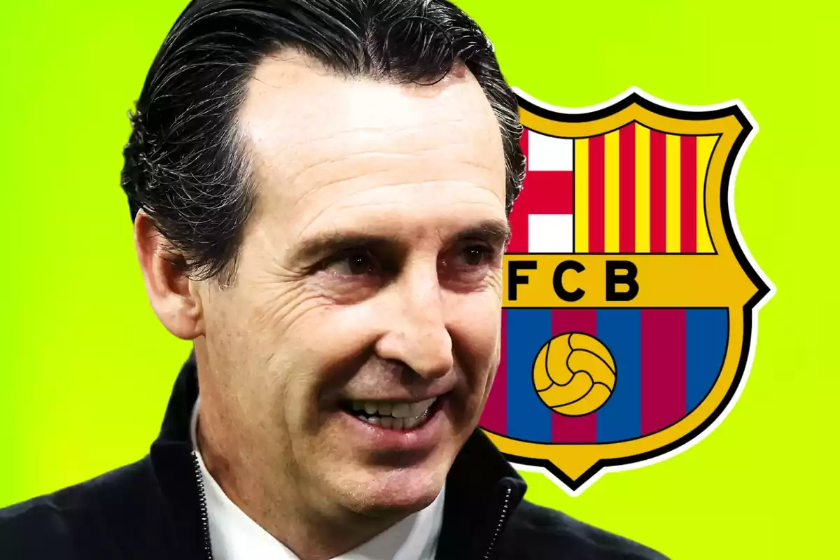 El entrenador del Aston Villa, Unai Emery, en primer plano junto a una foto del escudo del FC Barcelona.