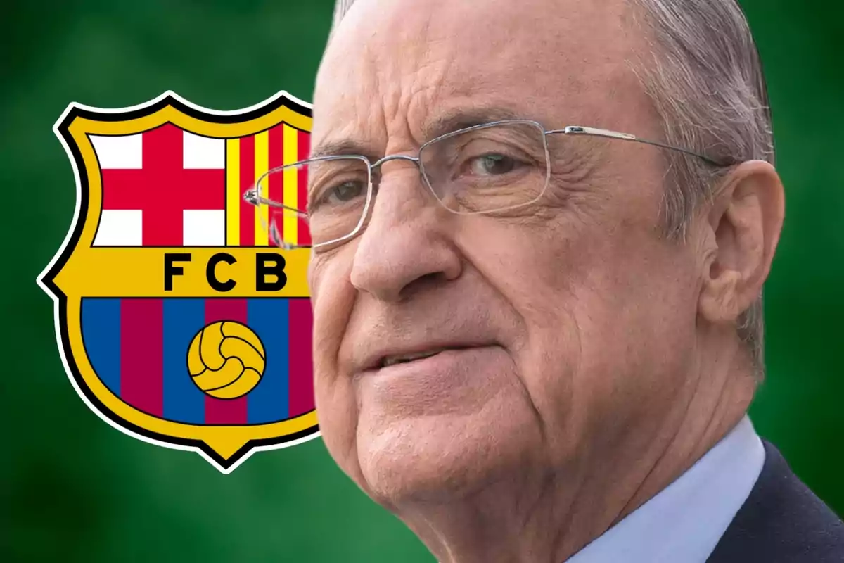 Florentino Pérez al lado de un escudo del FC Barcelona