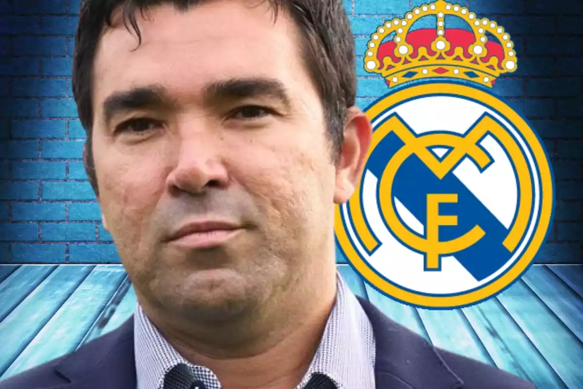 Deco en primer plano con una pared iluminada de azul al fondo y el escudo del Real Madrid a su lado