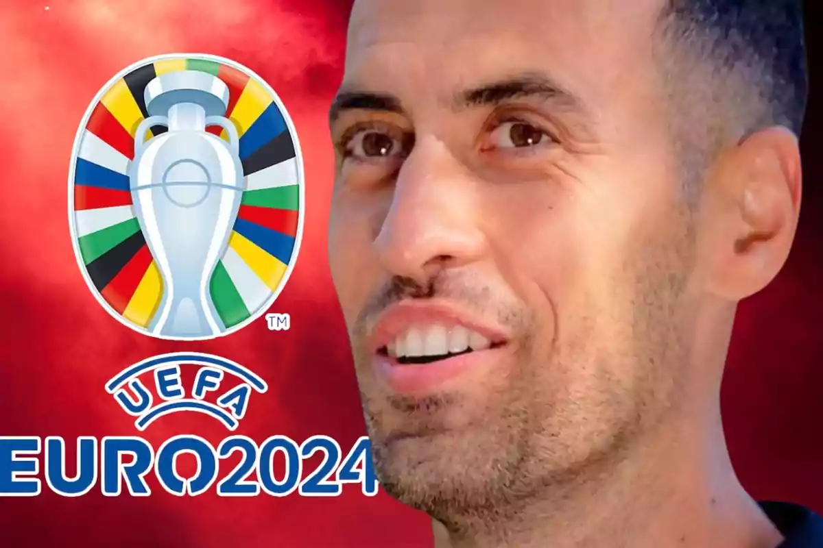 Sergio Busquets en primer plano con el logo de la Eurocopa a su lado sobre un fondo rojo