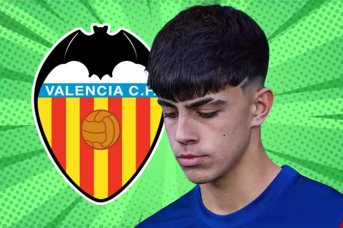 Un joven con camiseta azul aparece en primer plano con el escudo del Valencia C.F. de fondo sobre un diseño verde con puntos y rayos.