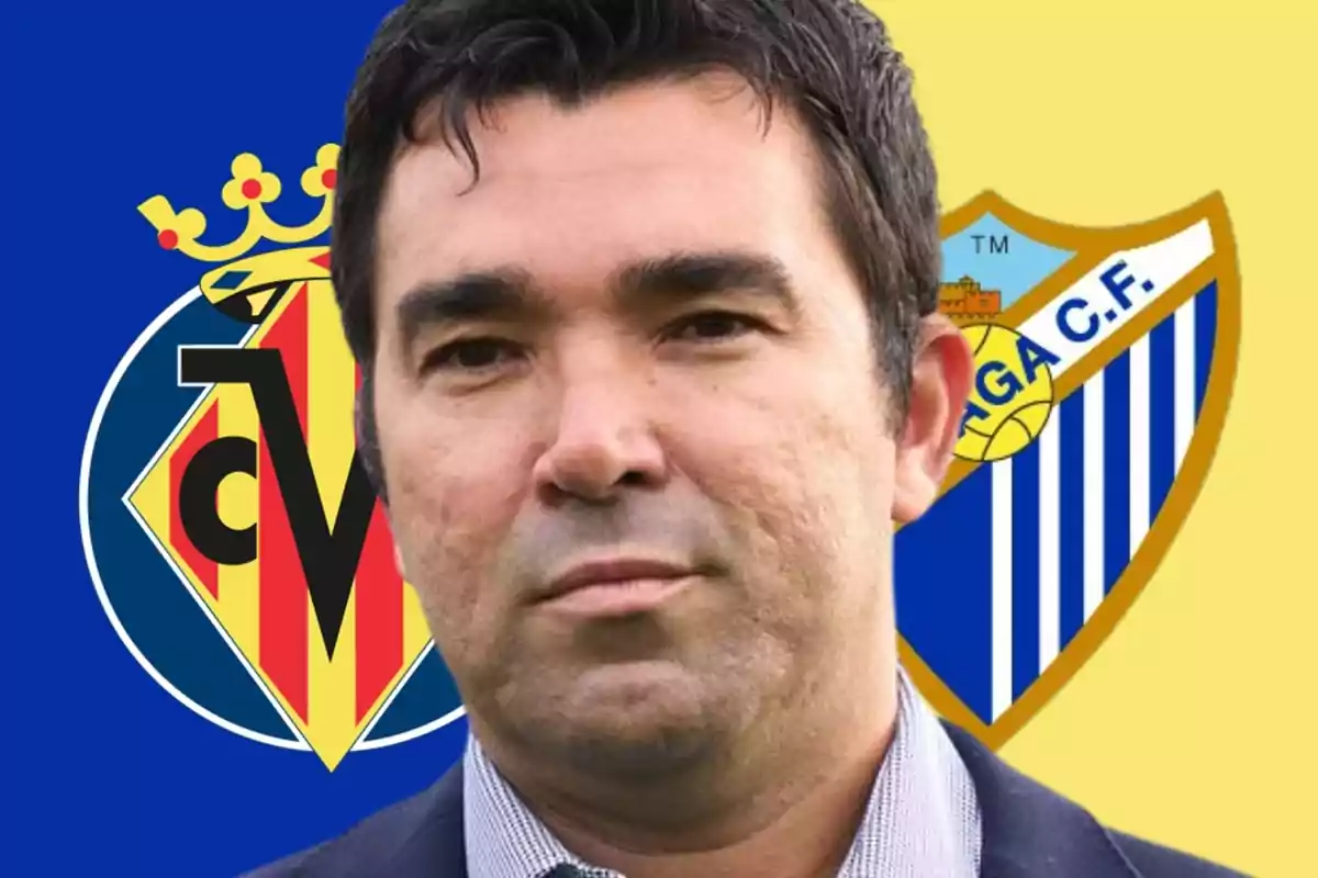 Un hombre frente a los escudos del Villarreal CF y Málaga CF.