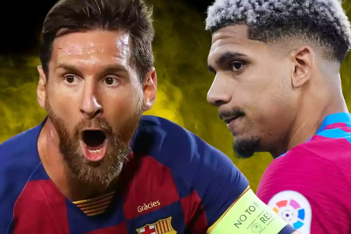 Leo Messi gritando y Ronald Araújo mirándolo en primer plano