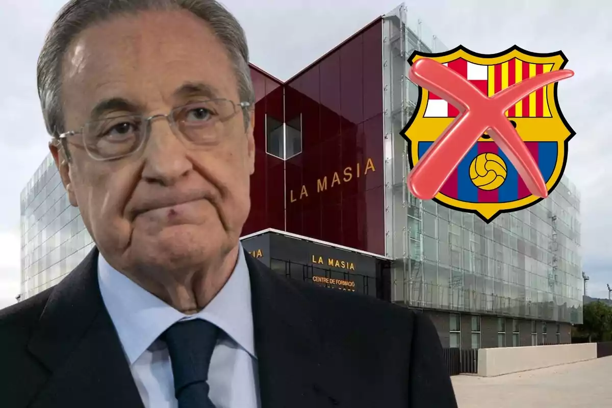 Florentino Pérez y el escudo del Barça tachado en primer plano con La Masía de fondo