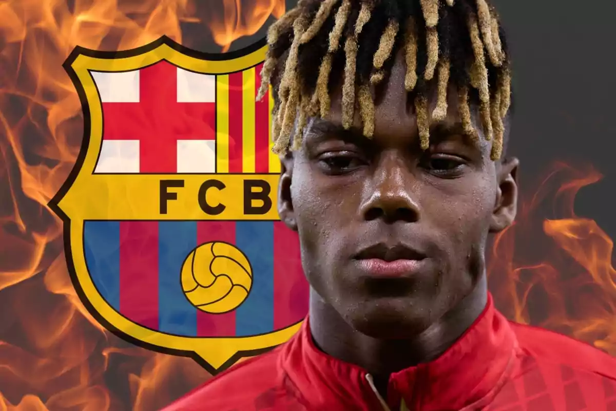 Nico Williams en primer plano con el escudo del Barça y fuego de fondo