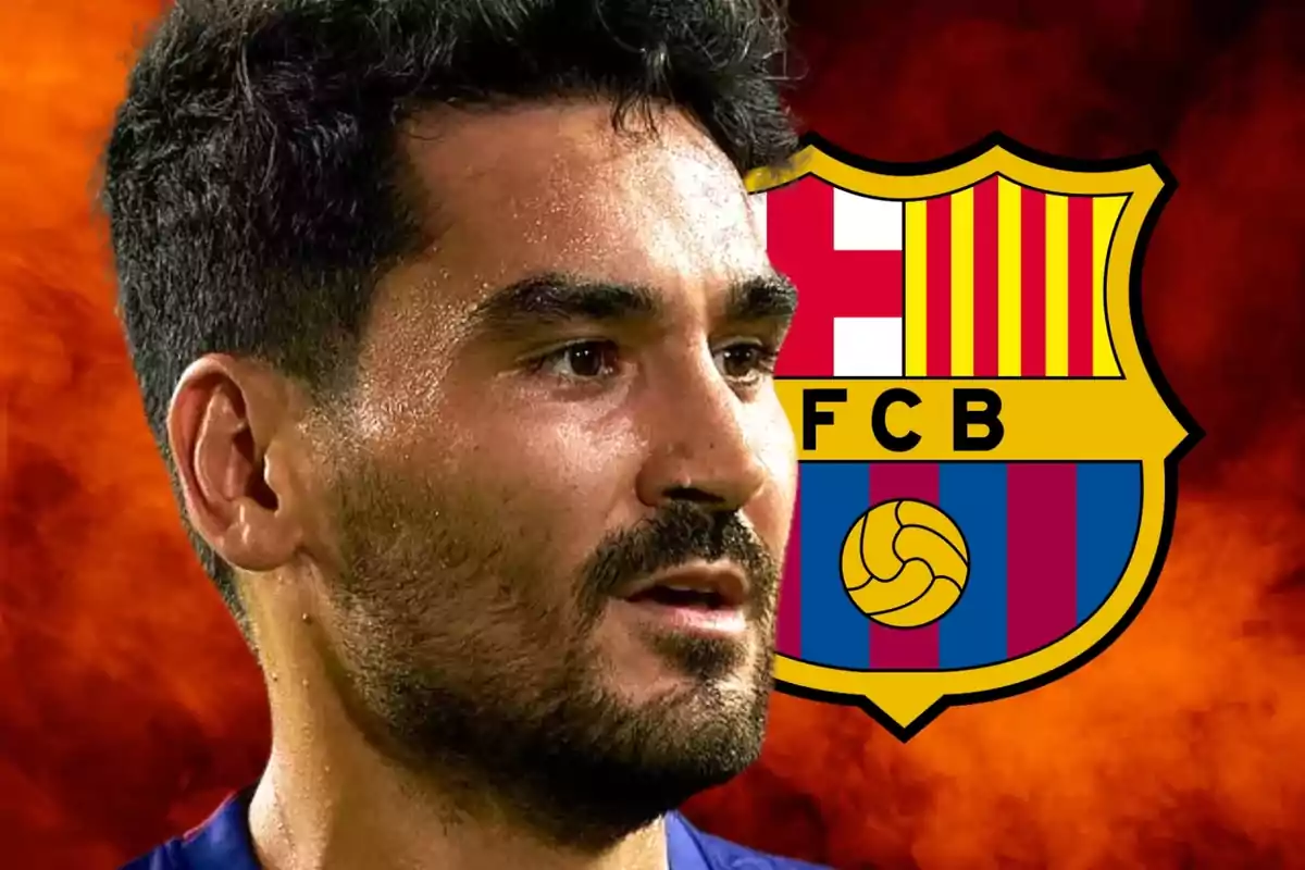 Un jugador de fútbol con barba y cabello oscuro aparece en primer plano con el escudo del FC Barcelona en el fondo.