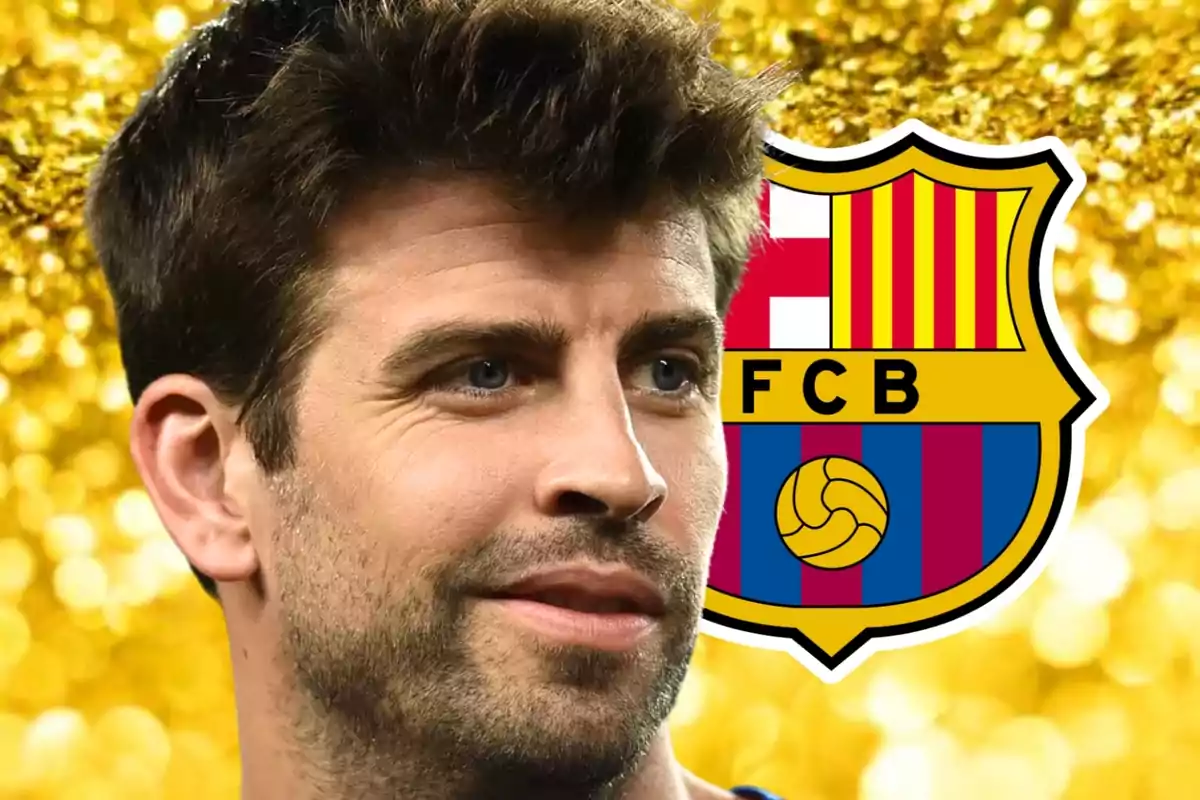 Un hombre con barba y cabello oscuro está frente a un fondo dorado brillante, con el escudo del FC Barcelona a su lado.