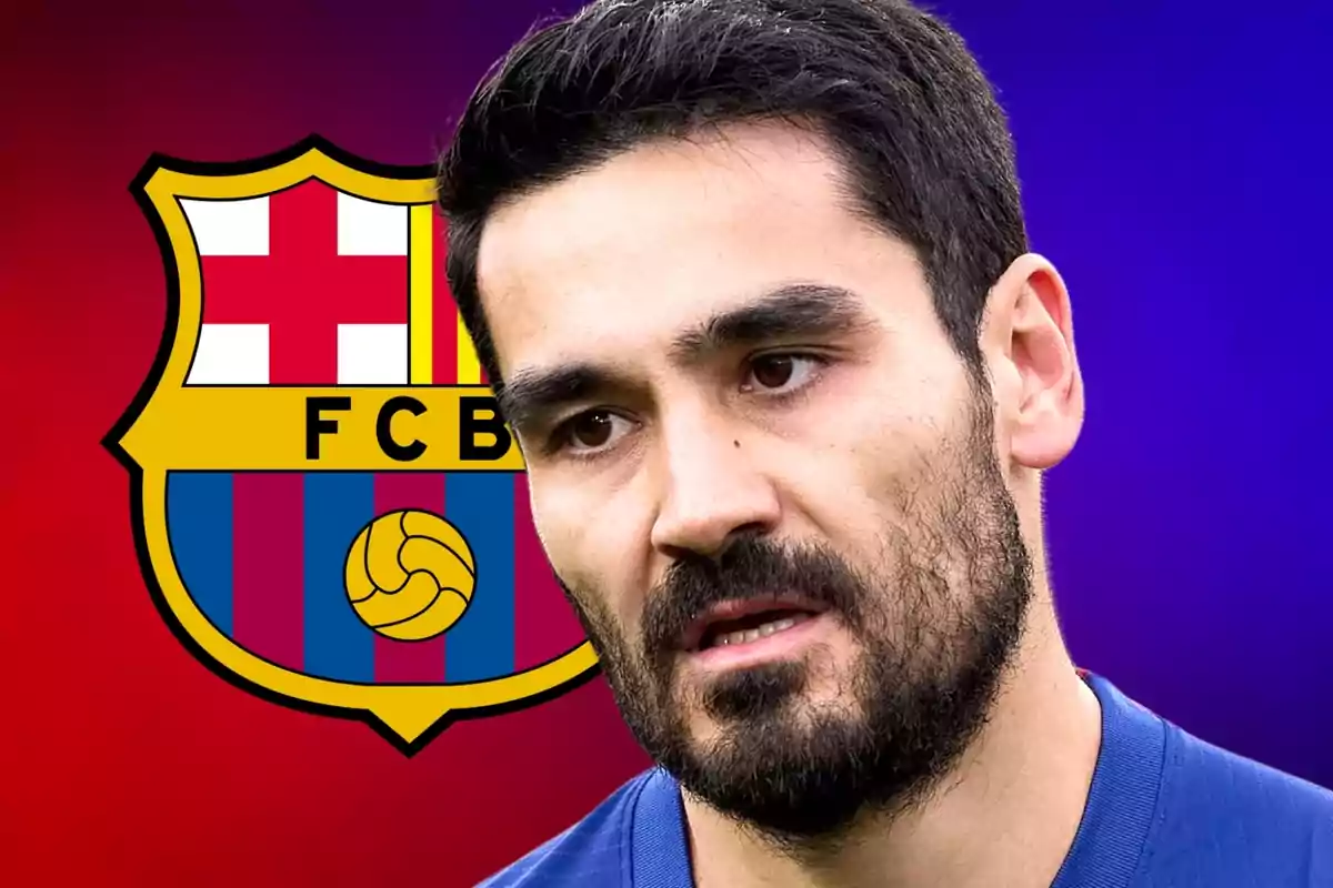 Un hombre con barba y cabello oscuro frente al escudo del FC Barcelona.