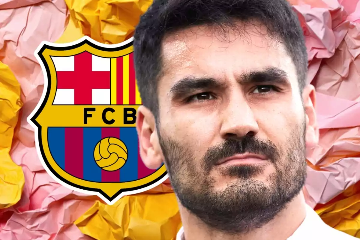 Un hombre con barba y cabello oscuro aparece en primer plano con el escudo del FC Barcelona de fondo, sobre un fondo de papel arrugado en tonos rosados y amarillos.