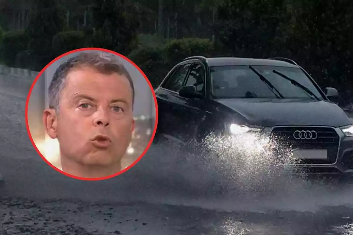 Montaje con Francesc Mauri en un círculo y un coche atravesando un charco Montaje con Francesc Mauri en un círculo y un coche atravesando un charco