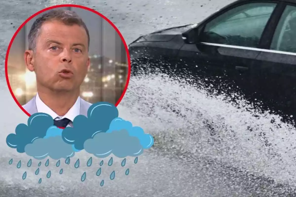 Imagen de fondo de un coche salpicando en una carretera con mucha agua y otra imagen en primer plano de Francesc Mauri y emoticonos de nubes con lluvia