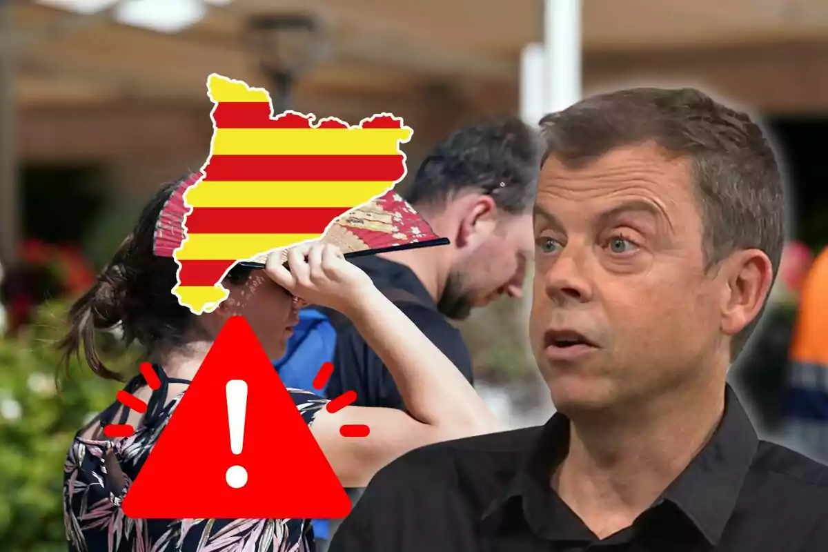 Un hombre hablando con una imagen superpuesta de una mujer abanicándose, un mapa de Cataluña y un símbolo de advertencia.