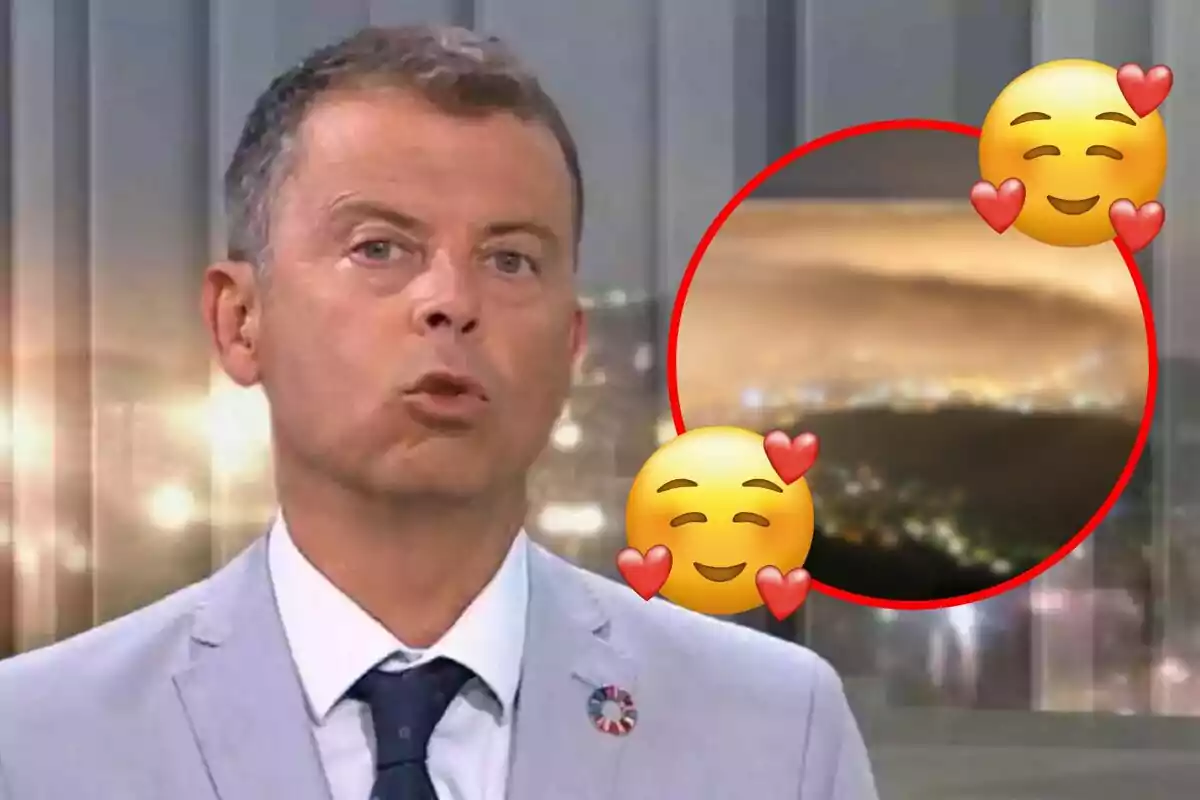 Un presentador de noticias con un fondo borroso y emojis de caras sonrientes con corazones.