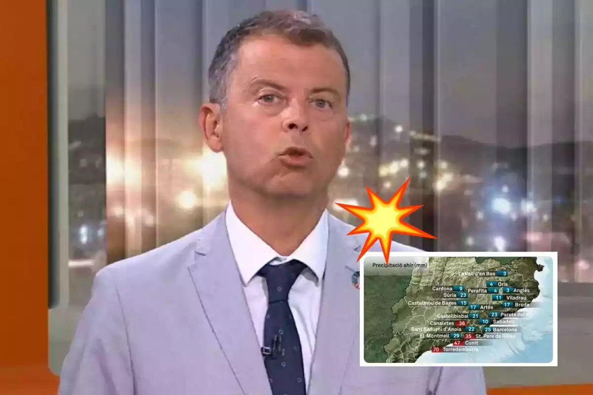 Foto de Francesc Mauri en televisión con un traje gris con una captura de un tweet donde sale su previsión del tiempo y un emoji de una explosión