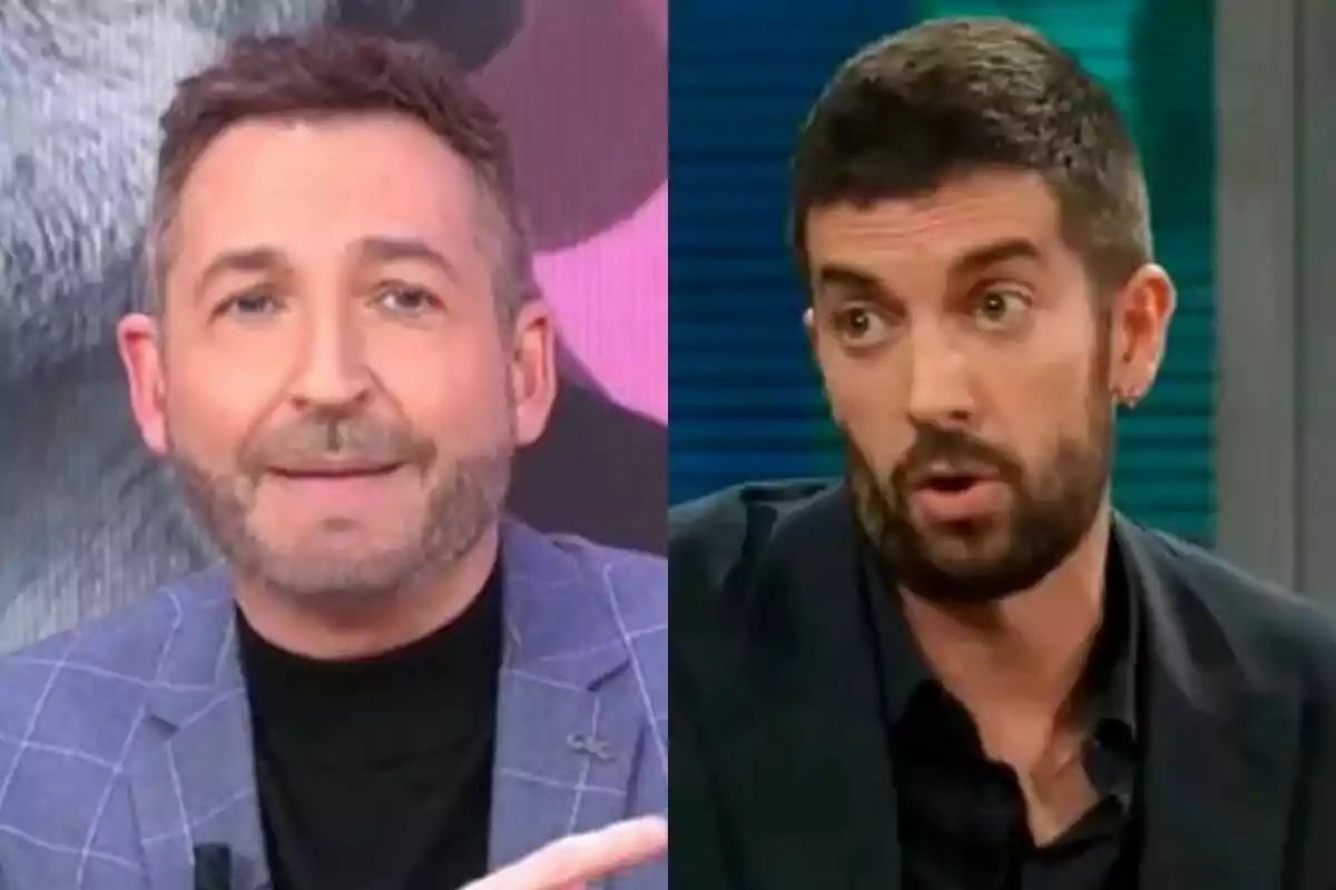 Dos hombres en un programa de televisión, Frank Blanco con chaqueta azul en Tardear y David Broncano con chaqueta oscura en La Revuelta, ambos con expresiones faciales de conversación.
