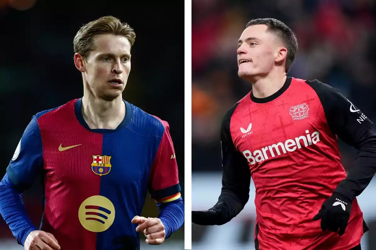 Dos futbolistas con uniformes de sus respectivos equipos, uno del Barcelona y otro del Bayer Leverkusen, en un montaje de imágenes lado a lado. Dos futbolistas con uniformes de sus respectivos equipos, uno del Barcelona y otro del Bayer Leverkusen, en un montaje de imágenes lado a lado.