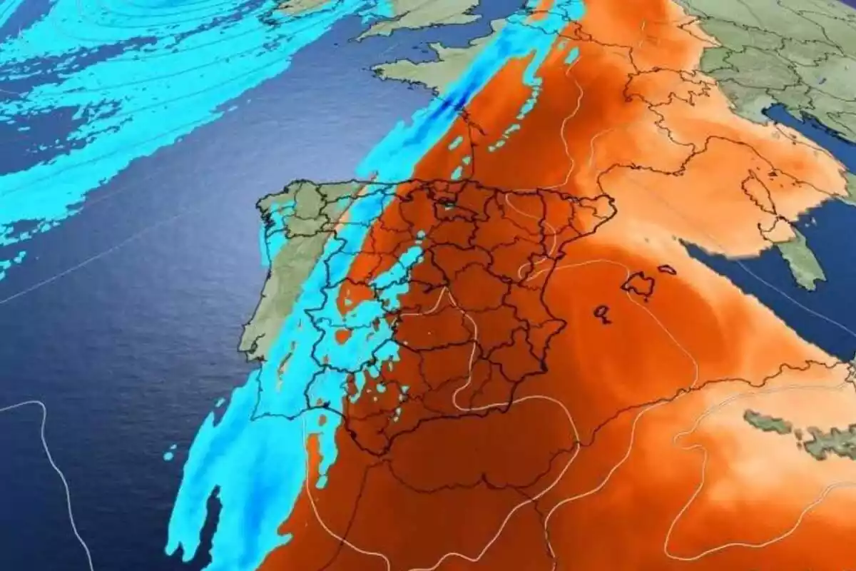 Mapa de España con la previsión de lluvia y polvo en suspensión para el domingo 7 de abril por la mañana Mapa de España con la previsión de lluvia y polvo en suspensión para el domingo 7 de abril por la mañana