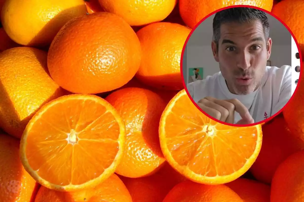 Montaje con un conjunto de naranjas, dos partidas por la mitad, y en un círculo la cara de Pablo Ojeda