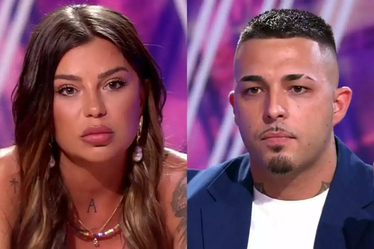 Gabriella Hahlingag y Álex Girona mirando hacia la cámara con expresiones serias en un fondo de tonos morados en De Viernes. Gabriella Hahlingag y Álex Girona mirando hacia la cámara con expresiones serias en un fondo de tonos morados en De Viernes.