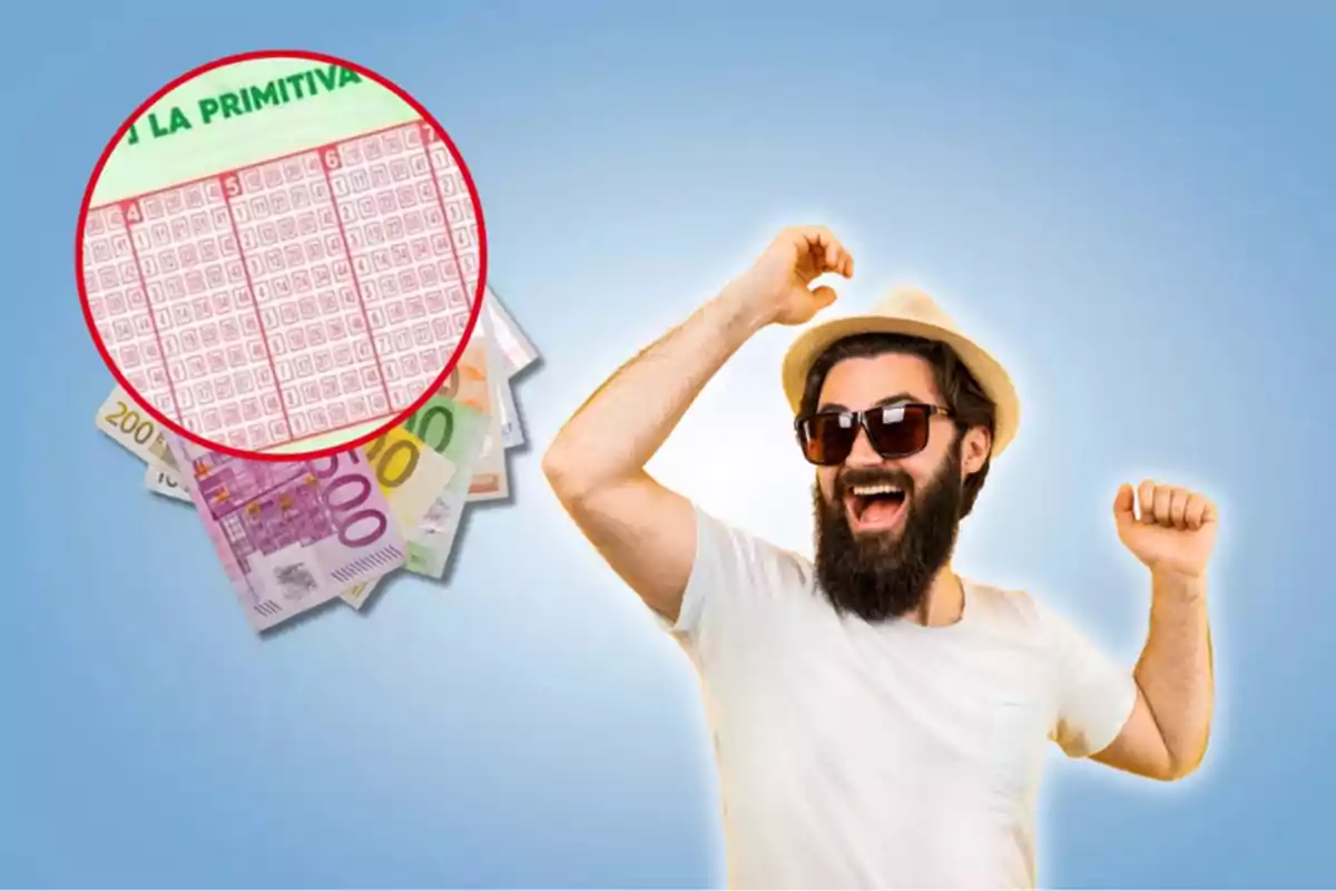 Un hombre con barba y gafas de sol celebra mientras sostiene un boleto de lotería y varios billetes de euro.