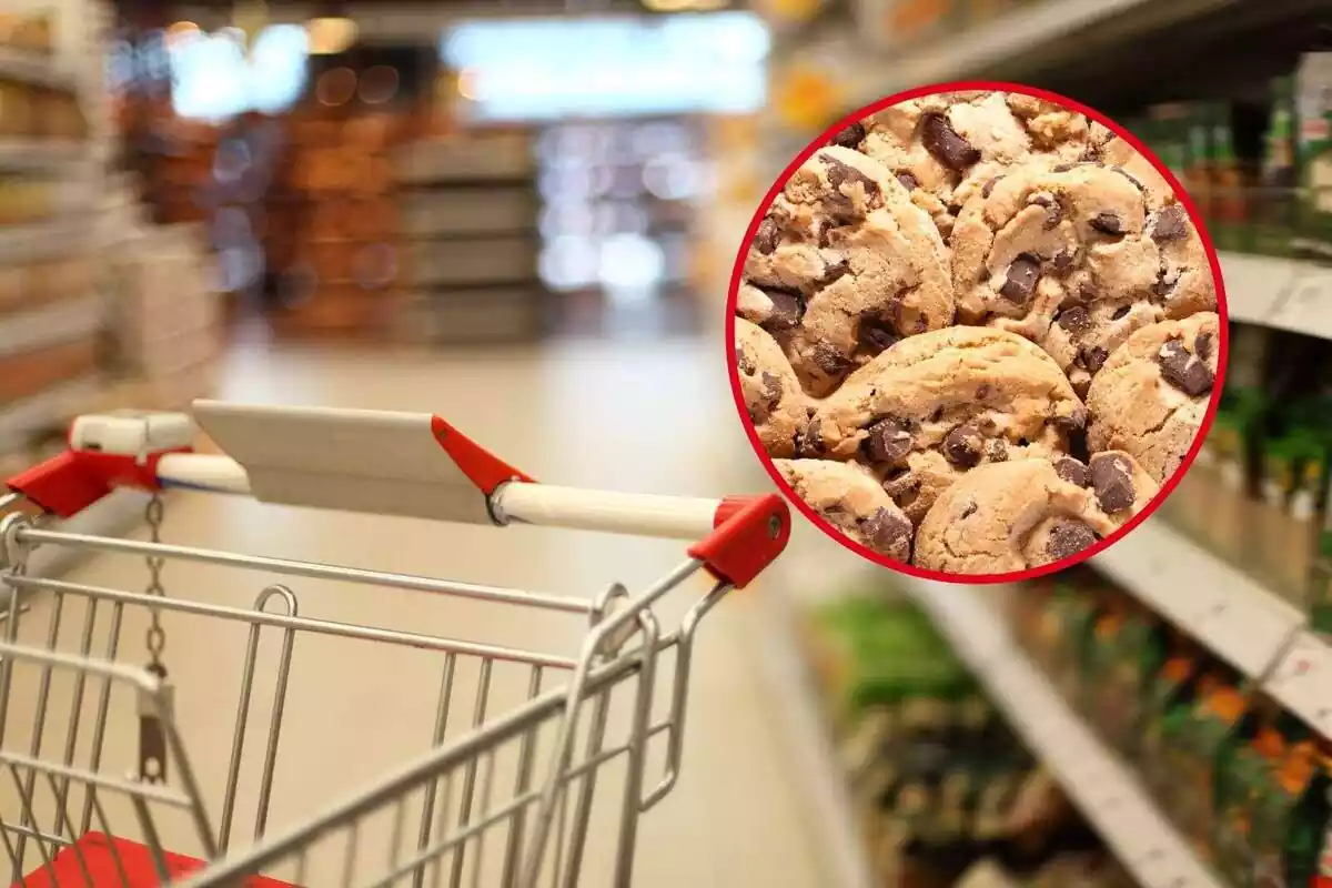 Montaje con un supermercado y un carrito de la compra de fondo y en un círculo unas galletas con pepitas de chocolate
