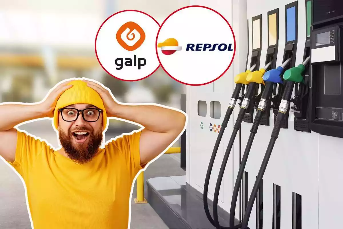Montaje con una imagen de fondo de una gasolinera, y dos imágenes con los logos de Galp y Repsol, junto a la imagen de un hombre vestido de amarillo y con gesto de sorpresa