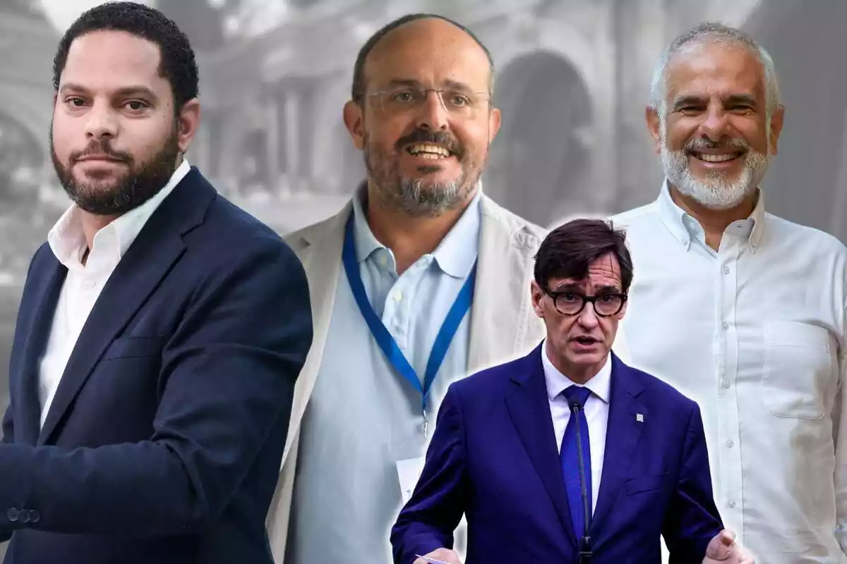 Montaje con un plano medio de Ignacio Garriga mirando a cámara, Alejandro Fernández sonriendo y Carlos Carrizosa también sonriendo. Más pequeño, otro plano medio de Salvador Illa con cara de preocupación