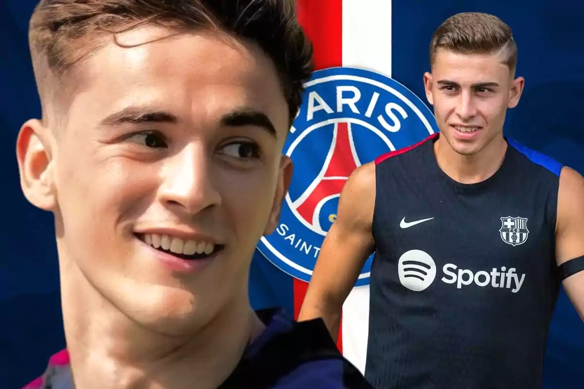 Dos jóvenes futbolistas sonríen frente a un fondo con el logo del PSG y el escudo del FC Barcelona.