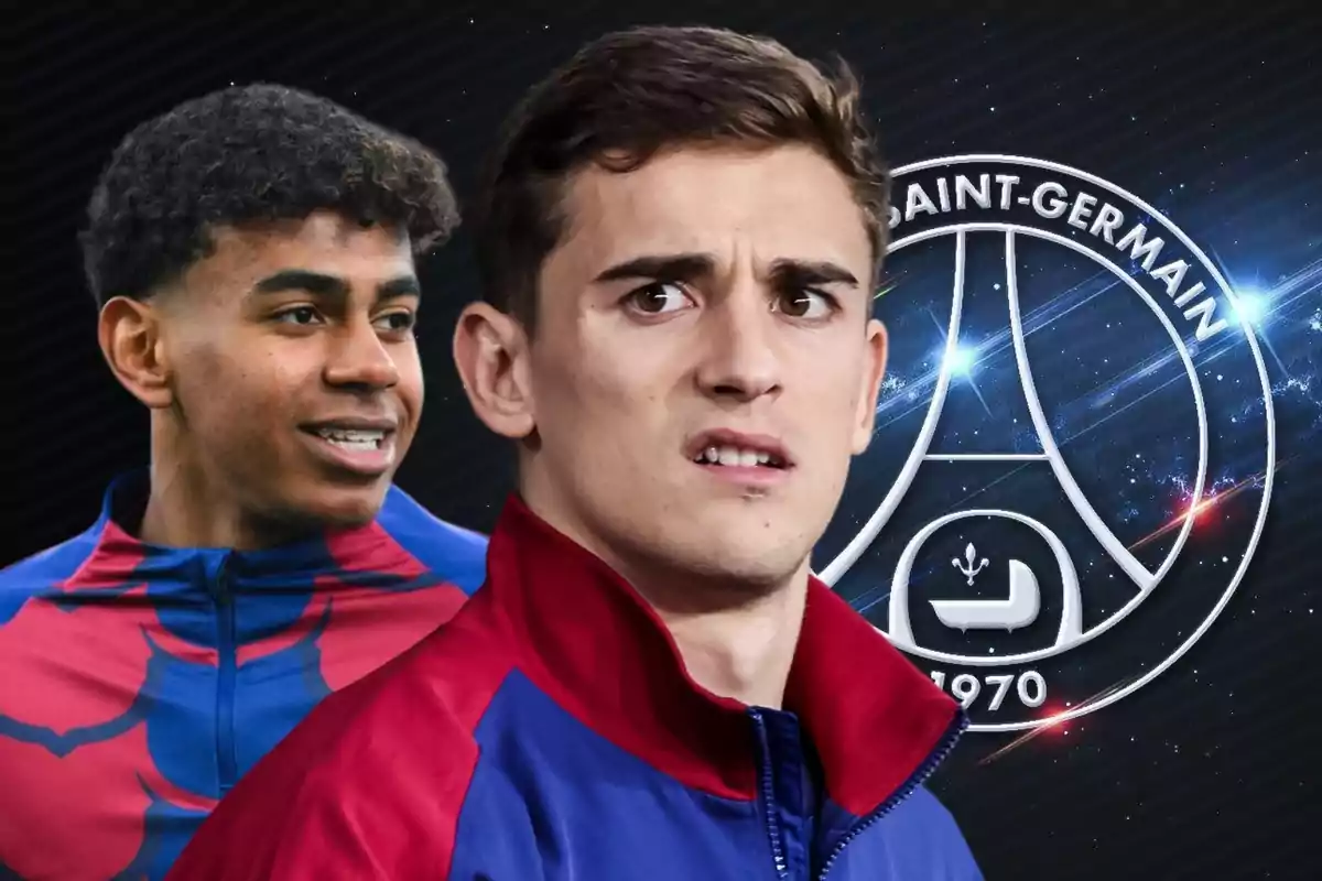 Dos futbolistas con chaquetas azulgranas aparecen en primer plano con el escudo del PSG de fondo sobre un diseño oscuro y brillante.