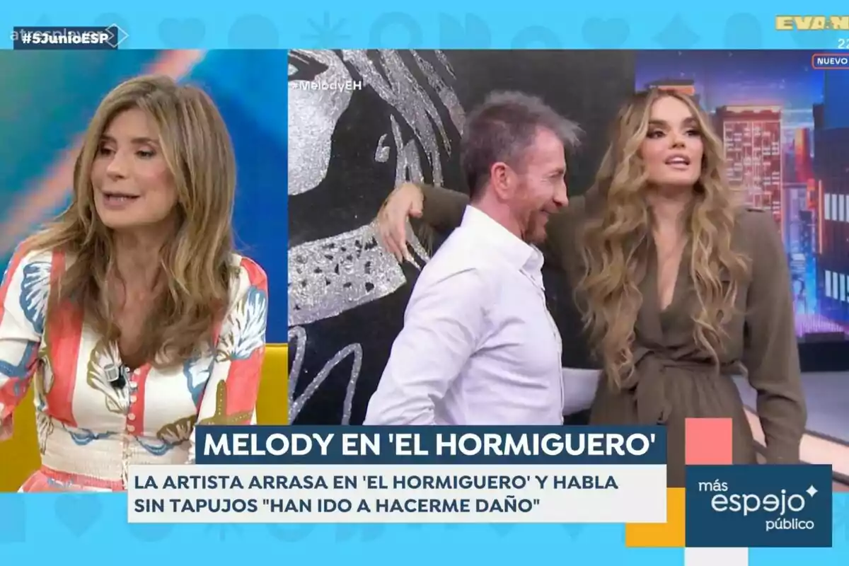 Gema López aparece a la izquierda mientras en la derecha se muestra a Melody con el brazo sobre Pablo Motos en 'El Hormiguero', con un rótulo que dice Melody en El Hormiguero y un texto sobre la artista hablando sin tapujos Gema López aparece a la izquierda mientras en la derecha se muestra a Melody con el brazo sobre Pablo Motos en 'El Hormiguero', con un rótulo que dice Melody en El Hormiguero y un texto sobre la artista hablando sin tapujos