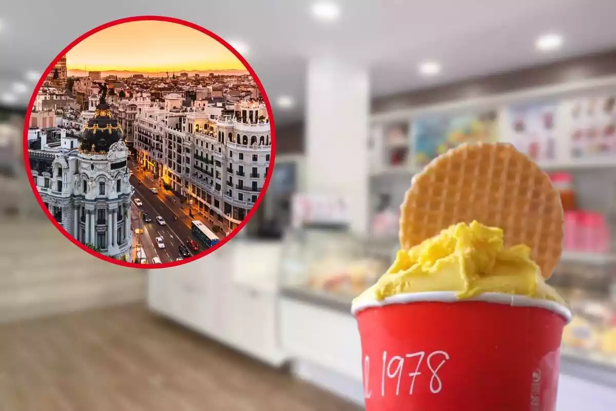 Montaje de helado de tarrina en nueva tienda de la heladería Gelati Dino en Madrid y círculo con vista aérea de Madrid.