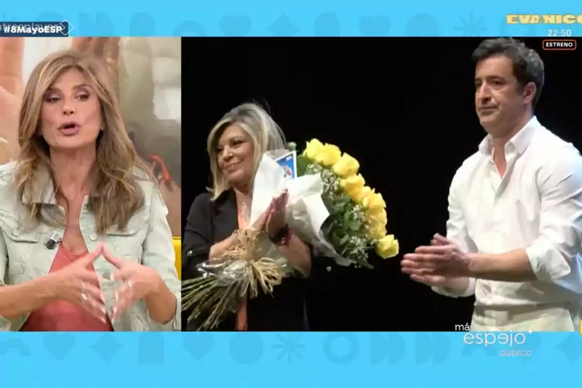 Gema López en 'Espejo Público' habla mientras en otra escena Terelu Campos sostiene un ramo de flores amarillas y otra aplaude. Gema López en 'Espejo Público' habla mientras en otra escena Terelu Campos sostiene un ramo de flores amarillas y otra aplaude.