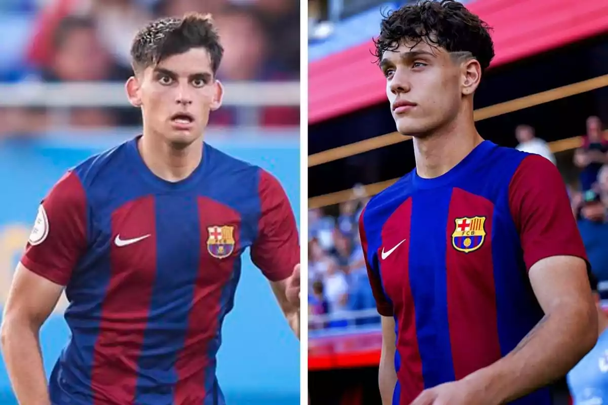 Dos jugadores de fútbol con camisetas del FC Barcelona en un campo de juego.