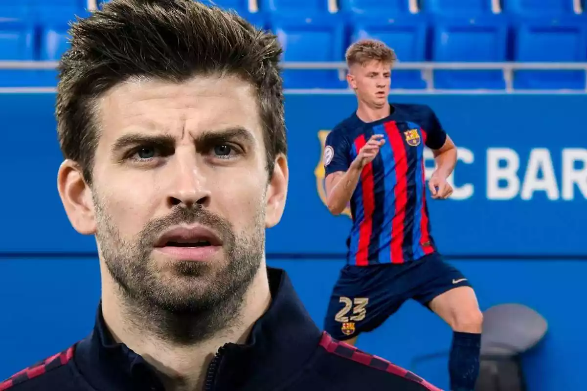 El exfutbolista del Barça, Gerard Piqué, junto a una foto de Pelayo Fernández, actual defensa central del Barça Atlètic de Rafa Márquez.