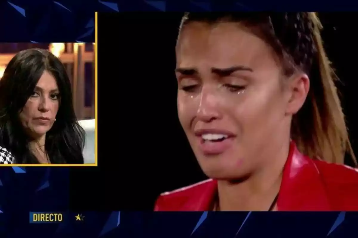 Maite Galdeano con expresión seria aparece en un recuadro a la izquierda, mientras que a la derecha se muestra a Sofía Suescun llorando con los ojos cerrados y una expresión de tristeza. Maite Galdeano con expresión seria aparece en un recuadro a la izquierda, mientras que a la derecha se muestra a Sofía Suescun llorando con los ojos cerrados y una expresión de tristeza.